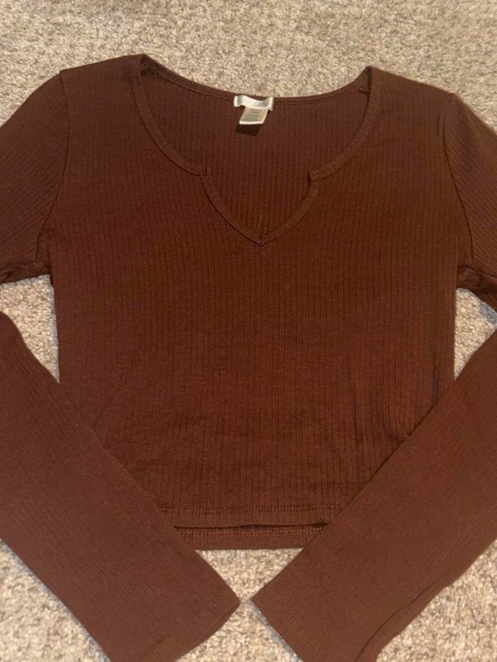 Bozzolo Brown Ribbed Long-Sleeve V-Notch Top